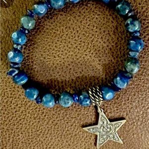 Denim Blue Elastic Bracelet With Silver Charm